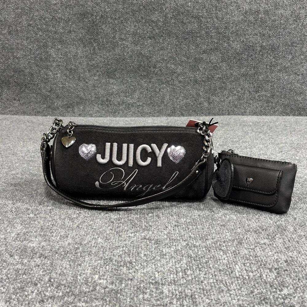 Juicy Couture Shoulder Bag Womens Small Black Juicy Angel Logo Heart Pouch Charm